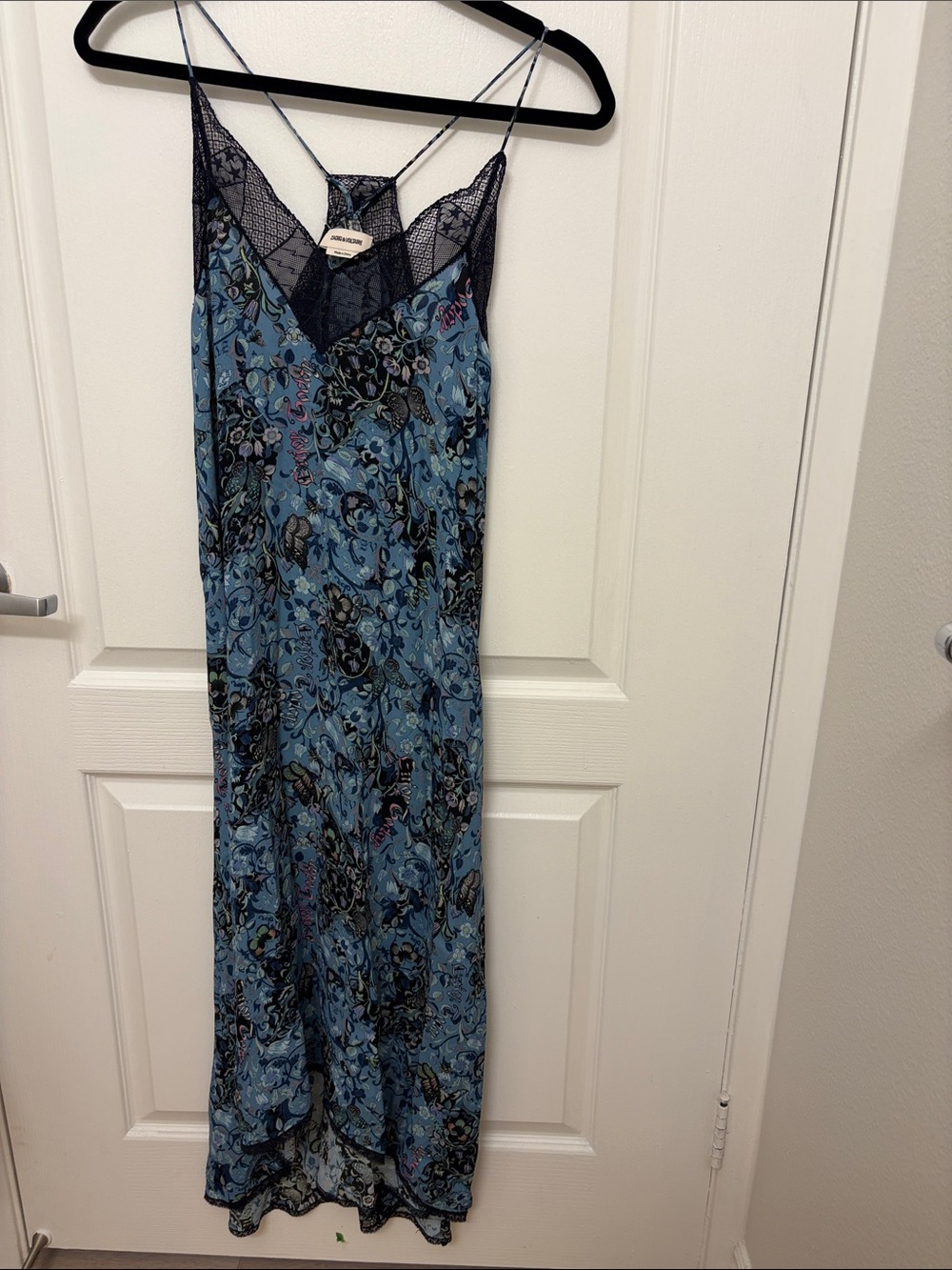 Zadig & Voltaire Blue Floral Lace-Trim Slip Dress